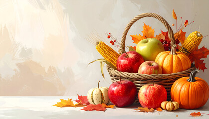 Autumn harvest wicker basket filled with pumpkins apples and corn.