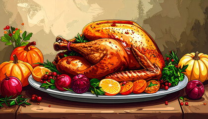 Thanksgiving Feast with Roasted Turkey and Autumn Decorations.