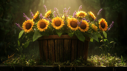 A basket of flowers with yellow sunflowers and purple lavender