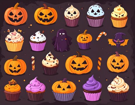A collection of spooky Halloween-themed cupcakes and treats on a dark, rustic background