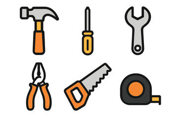 Fototapeta premium Six basic carpentry and repair hand tools icons for construction projects
