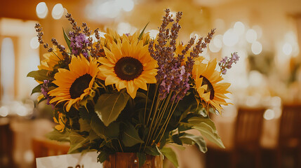 A vase of sunflowers and lavender is on a table in a room