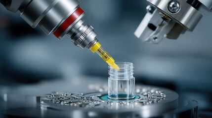 Fototapeta premium Precision machinery precisely dispensing a liquid into a small, clear container. A close-up view highlights the intricate details of the automated process.