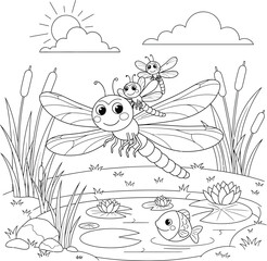 Dragonfly with Baby Riding - Black and White Line Art Illustration for Nature, Kids, or Pond Scene Designs
