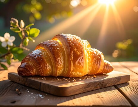 Golden brown, flaky croissant dusted with sugar on a rustic wooden cutting board in bright sunlight