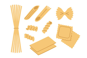 Assortment of dry pasta shapes including spaghetti, penne, farfalle, and ravioli