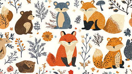 A colorful drawing of various animals, including bears, foxes, and squirrels