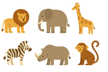 Obraz premium Six adorable safari animals including lion elephant giraffe zebra rhino and monkey
