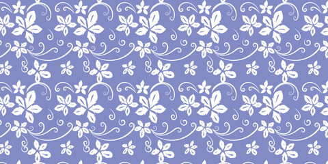 Fototapeta premium Seamless botanical pattern featuring delicate white flowers and swirling vines on a soft periwinkle background, vintage aesthetic