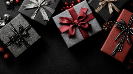 elegant festive gifts on black background