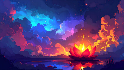 Mystical Glowing Lotus Flower on Water Under a Colorful Cosmic Sky.