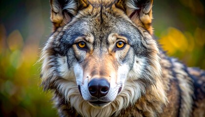A close-up shot features a wolf's intense gaze. Its eyes are a striking amber color, and the fur has brown and grey hues. The background is soft