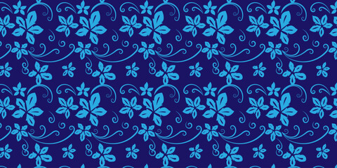 Elegant blue floral seamless pattern with delicate swirling vines and blossoming flowers, perfect for wallpaper and fabric design