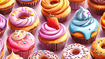 A row of colorful cupcakes with frosting and sprinkles