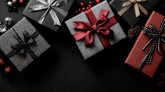 elegant festive gifts on black background