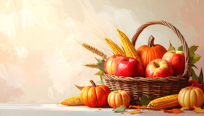 Autumn Harvest Basket with Pumpkins, Apples, and Corn on a Rustic Table.