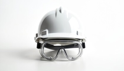 Safety concept. White hard hat rests with goggles on bright background. Protective gear for workplace construction worker. Equipment ensures safety, prevents injuries during risky work at factory