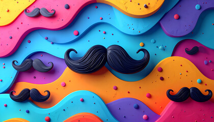Playful 3D illustration of mustaches on a colorful wavy background.