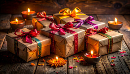 Festive Gift Boxes with Candles on Wooden Table.