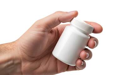 White pill bottle mockup held in hand on isolated black background