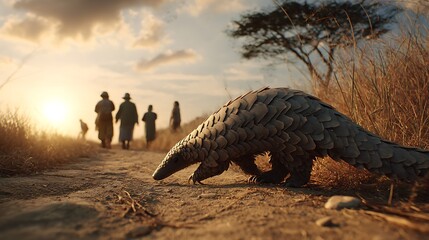 Exploring the african savanna: a pangolin's journey with distant figures at sunset wildlife photography