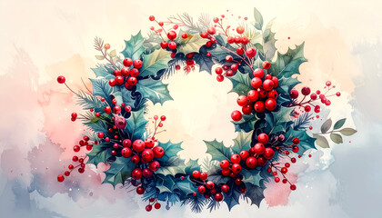Watercolor Christmas Wreath with Holly Berries and Leaves.