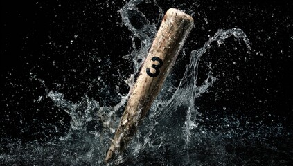 Wooden bat with number "3" is surrounded by splashing water against a black background