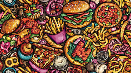A colorful and detailed drawing of various foods, including pizza, hamburgers