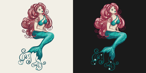 Whimsical beautiful mermaid with flowing, curly red hair and dreamy expression. Pearls are woven into hair and tail. Sense of underwater fantasy and marine enchantment