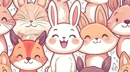 A group of cartoon animals, including rabbits and cats, are smiling