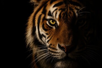 Fototapeta premium Striking Tiger Portrait: A majestic tiger emerges from the shadows, its intense gaze and detailed stripes captivating the viewer. This powerful portrait captures the essence of the wild.