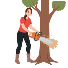 Woman Cutting Tree with Chainsaw. Flat vector illustration isolated on white background