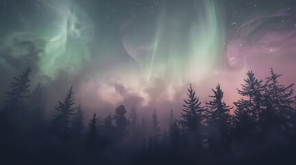 Fototapeta premium The Northern Lights Over a Silhouette of a Pine Forest