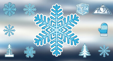 Winter icon collection featuring snowflake, tree, mitten, ice cube, and mountain, showcasing seasonal elements and festive representations