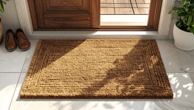 Household mockup showing a blank, rectangular coir doormat on white tiled floor at the entrance of a home, ready for custom design