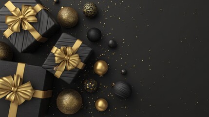 Fototapeta premium black and gold gifts and ornaments