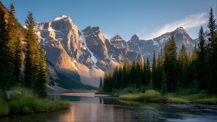 Stunning mountain landscape reflecting in calm lake at sunrise, perfect for travel inspiration and outdoor adventure campaigns, Canada scenery, landscape beauty