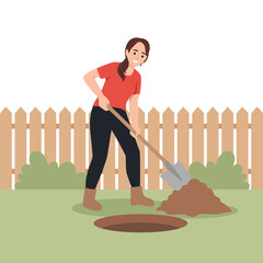 Woman Gardener Digging Soil in the Backyard. Flat vector illustration isolated on white background