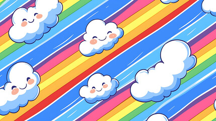 A colorful rainbow with clouds and smiling faces