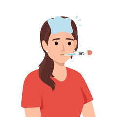 Sick Woman with Fever and Thermometer. Flat vector illustration isolated on white background