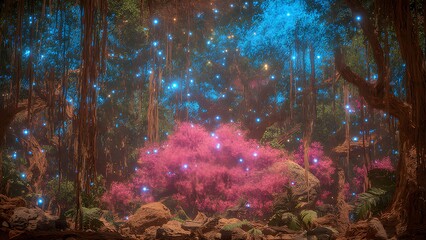 Enchanted forest scene with glowing lights and vibrant pink blossoms, creating a magical, dreamy atmosphere perfect for fantasy and nature themes