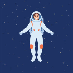 Smiling Female Astronaut Floating in Space. Flat vector illustration isolated on white background