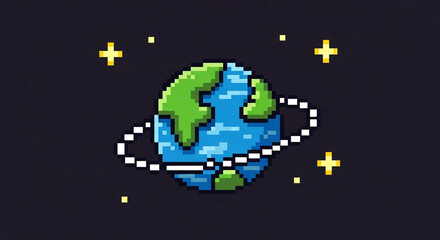 Pixel art earth with ring isolated on dark background 8 bit planet with green continents and blue ocean retro game style vector illustration