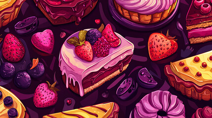 A colorful image of various desserts, including cakes, pies, and pastries