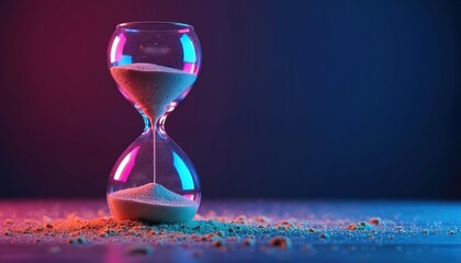 Glass hourglass with sand falling. Blue and purple neon lights illuminate the time passing. Sand spills on dark surface. Concept of passing time.