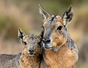 Obraz premium A close-up shot of two large rodents, a mother and young, with focused expressions, set against a blurry background