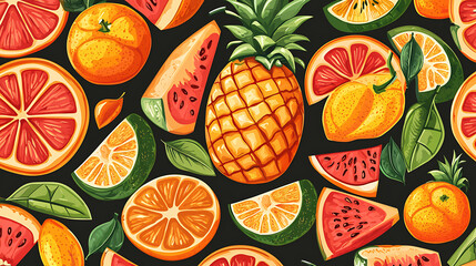 A colorful fruit pattern with oranges, lemons, and watermelon