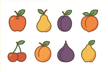 Eight colorful fruit icons featuring apple, pear, plum, peach, and cherry