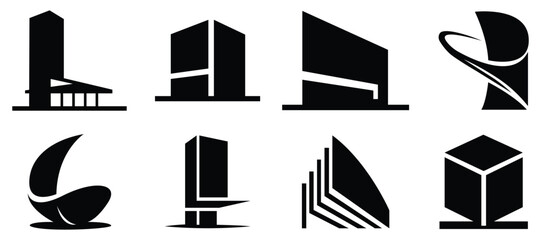 Modern Architecture and Building Design Icons – abstract structure silhouettes, creative city landmark illustration, contemporary urban skyline vector art