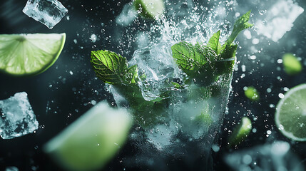 A drink with ice and mint leaves is shown in a splash of water